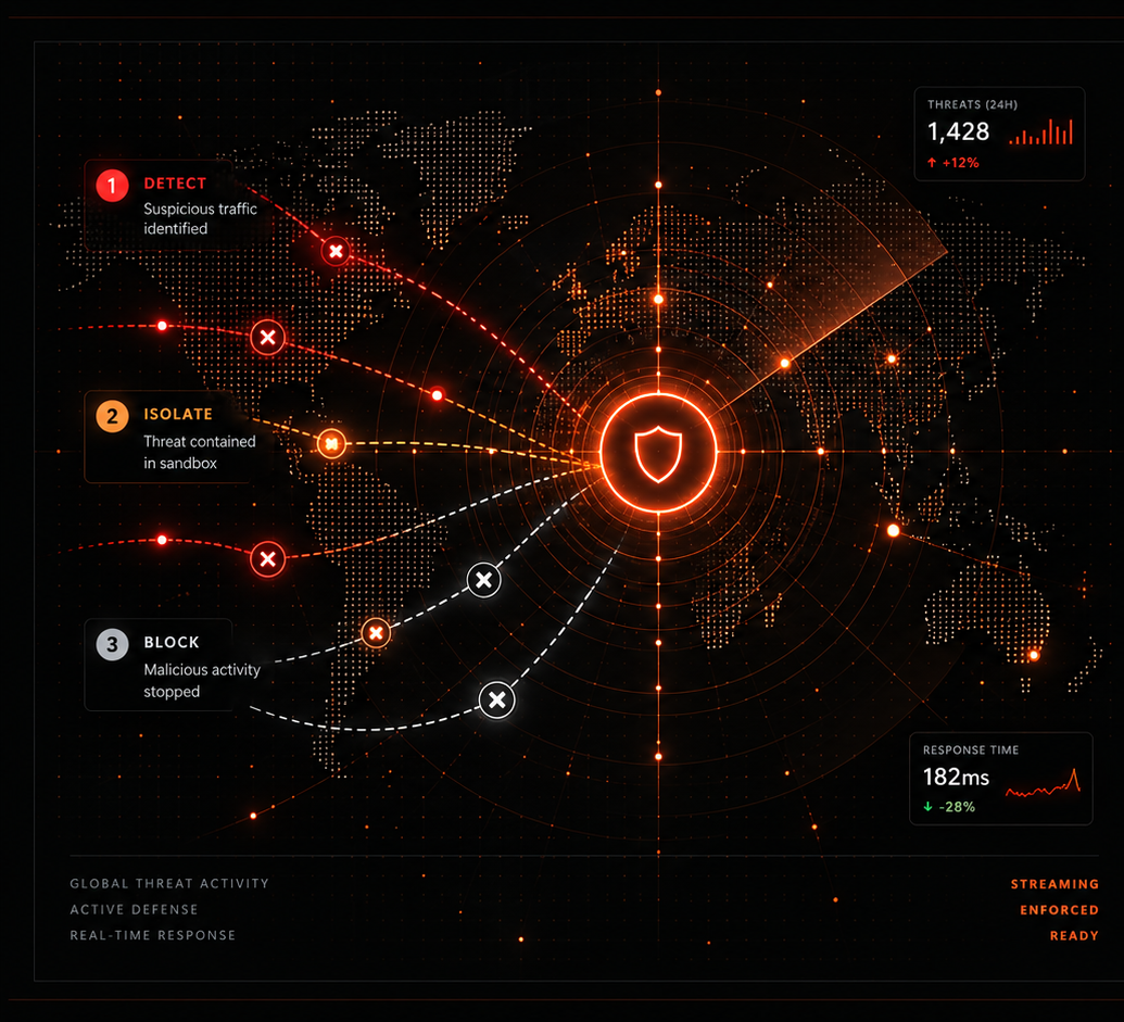 Threat response map showing detect, isolate and block stages protecting the NetDataSec defence core